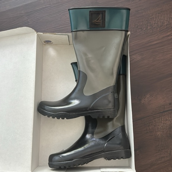 SPERRY WOMENS GET WET RAIN BOOTS GRAY HUNTER GREEN BLACK TALL SIZE 8 - Picture 3 of 8